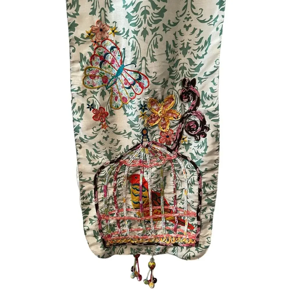 Pier 1 Imports Bohemian Caged Birds Butterfly Silky Floral Print Table Runner